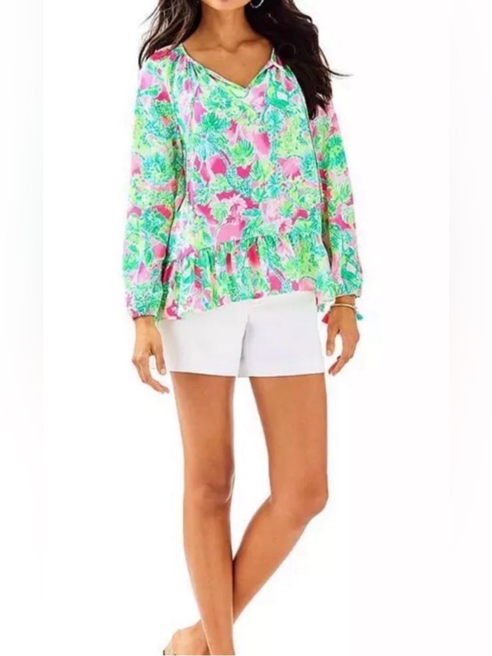 Lilly Pulitzer Tensley Raz Berry Catty Shack Ruffle Blouse Pink Green Size M